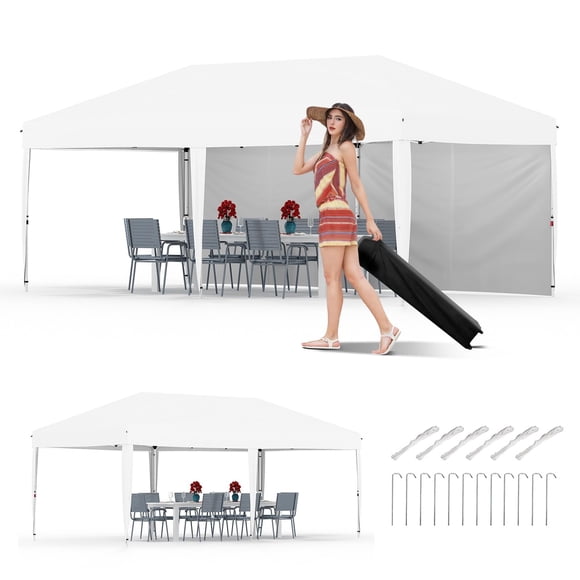 Tente à Auvent Escamotable 10x20, Pavillon Extérieur Robuste pour Fête avec 6 Parois Latérales Amovibles, Abri d'Événement Imperméable et Protégé contre les UV avec Sac à Roulettes et 6 Sacs de Sable pour Événements Extérieurs, Patio, Cour Arrière