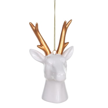 HOLIDAY TIME 4 Inch 100% Ceramic Deer Head Ornament, White Body with Gold Antler Christmas Hanging Decoration