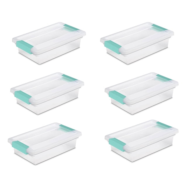 Sterilite Small Clip Box Clear Storage Tote Container with Latching Lid, 6 Ct. A set of six clear plastic storage containers with teal latching lids, designed for organizing small items in the home or office. The clear base and lid allow easy identification of contents, while the tight-clasping latches secure the lid to block out dust, dirt, and bugs. The recessed lids enable secure stacking to save vertical space. Each container measures 11 x 6.6 x 2.7 inches and is suitable for use in various spaces like closets, kitchens, playrooms, or craft rooms.
