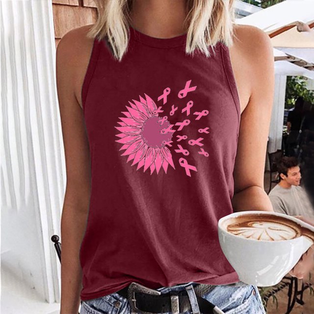 TIMIFIS Breast Cancer Ribbon Women's Racerback Tank Casual Sleeveless Printed Ladies Round Neck Blouses Tops T-ShirtFall/Winter