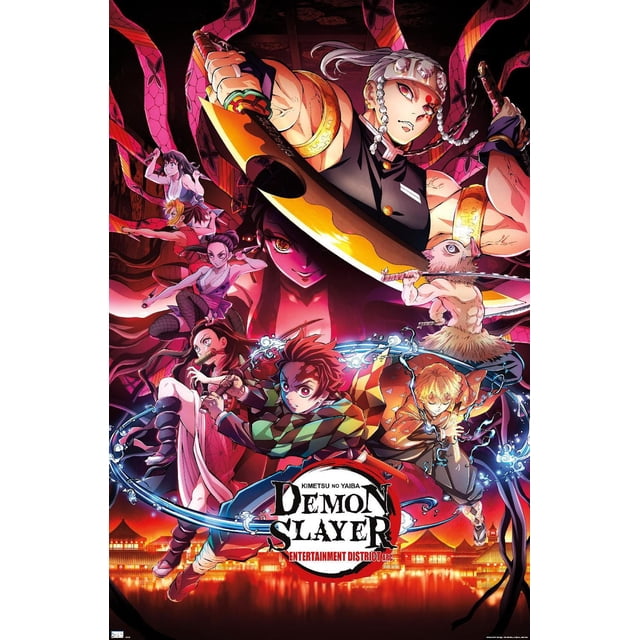 Demon Slayer - Affiche Murale Key Visual 1, 22,375 Po x 34 Po Représentant des Personnages Principaux du Quartier des Divertissement avec des poses d'Anime Dynamiques, des costumes Détaillés, des Effets d'Eau Tourbillonnants et un Paysage Urbain Lumineux la Nuit Réfléchissant sur l'Eau.