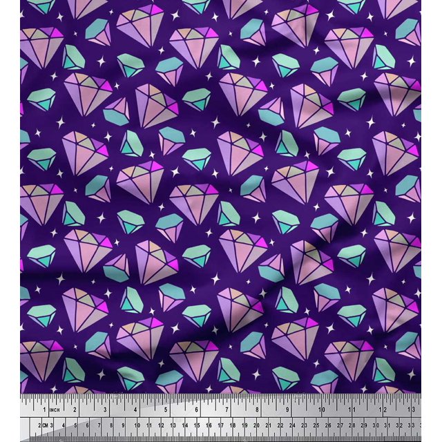Soimoi Purple Silk Fabric Star & Diamond Geometric Print Sewing Fabric Yard 42 Inch Wide