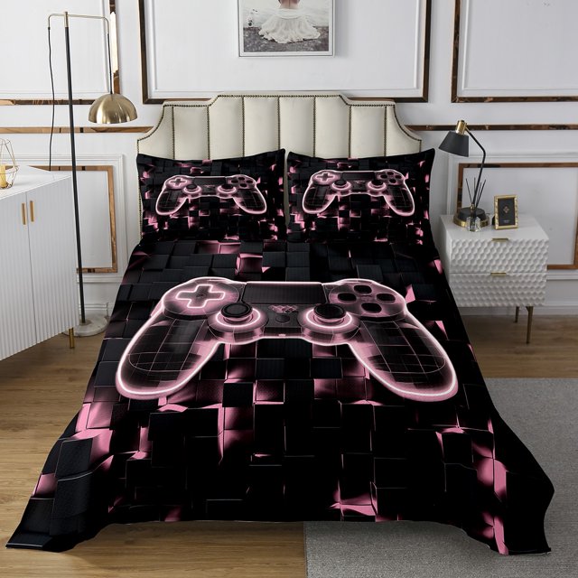 YST Boys Gaming Quilt Set Queen Kids Gamer Bedspread Pink Geometry Honeycomb Print Coverlet Set, Gamepad Controller Decor Bed Set Modern Abstract Plaid Bedding 3 Pcs