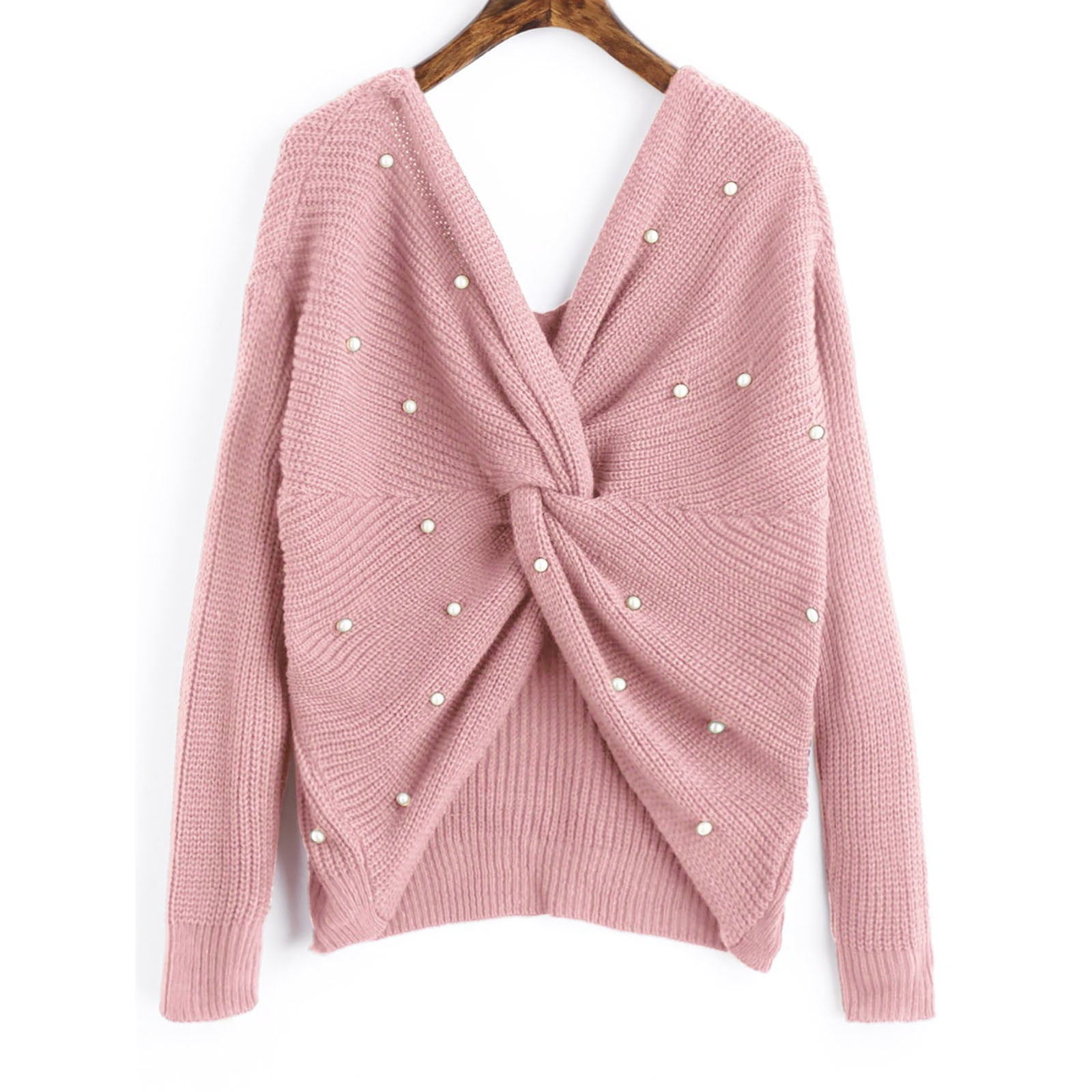 Chandail d'Hiver en Tricot pour Femmes, Col en V, Mi-Long, avec Perles