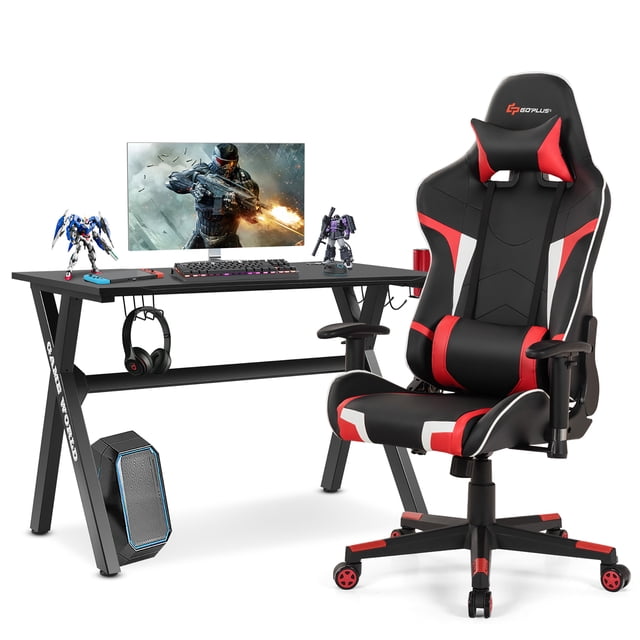 Goplus X-Shaped Gaming Desk & Racing Style Massage Chair Set Home Office Black+Red