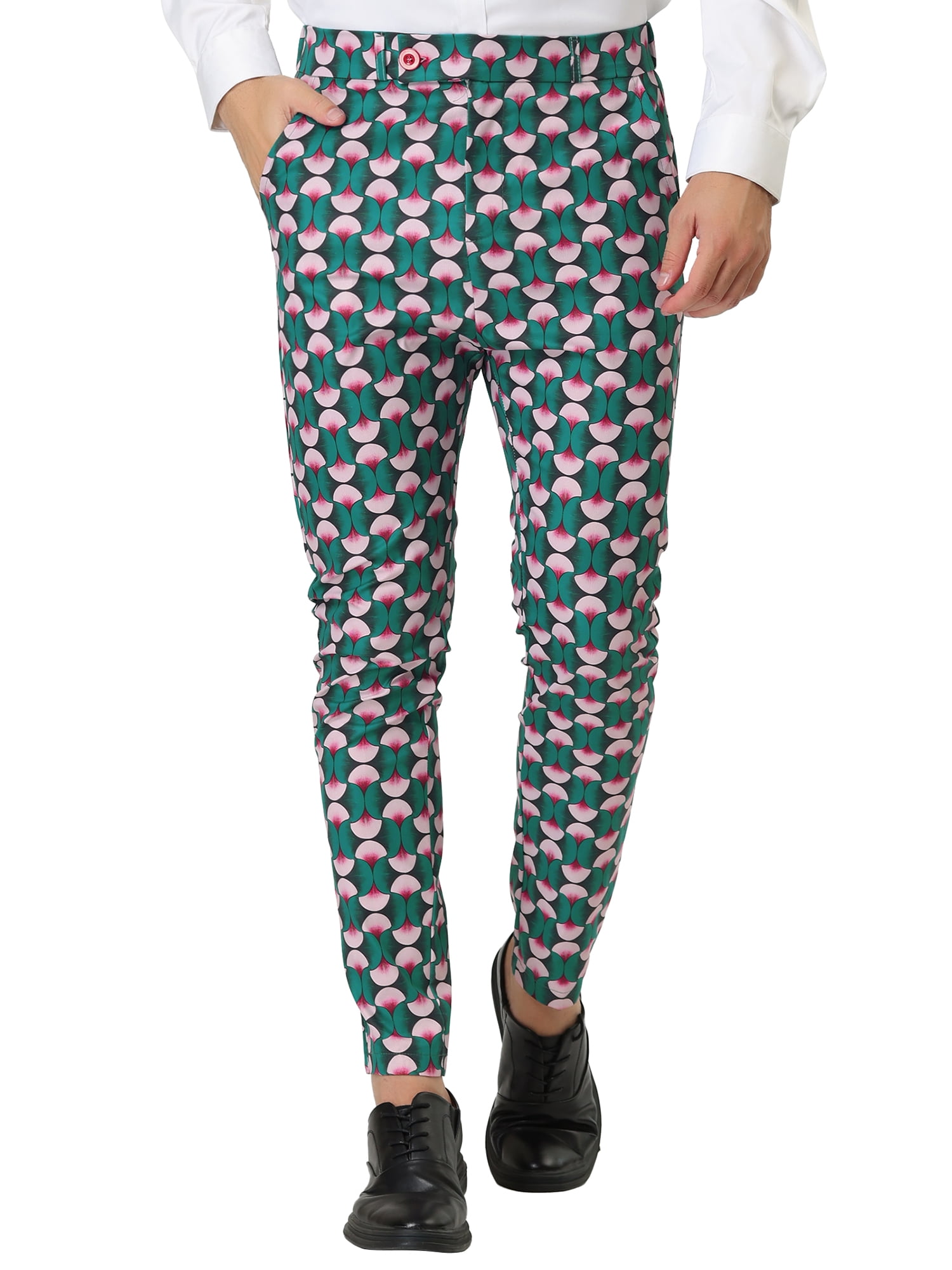 INSPIRE CHIC Men's Casual Geometric Printed Color Block Flat Front Dress Pants 38 Green