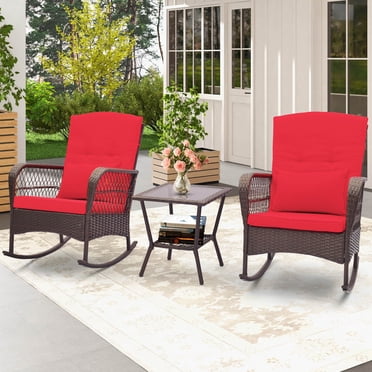 Costway 3 PCS Patio Rocker Set Outdoor Wicker Rocking Chairs with Double-Layer Coffee Table Red