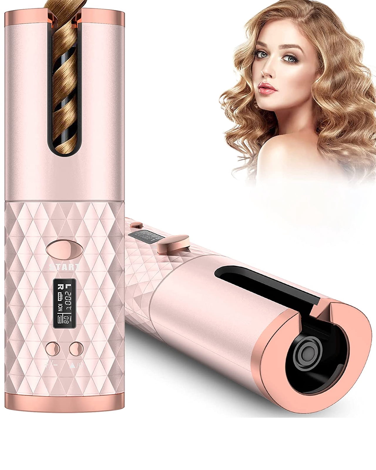 Unbound Cordless Auto Rotating Ceramic Hair Curler USB Rechargeable Automatic Curling Iron LED Display Temperature Wave Curler Gold Color