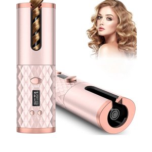 Unbound Cordless Auto Rotating Ceramic Hair Curler USB Rechargeable Automatic Curling Iron LED Display Temperature Wave Curler Gold Color