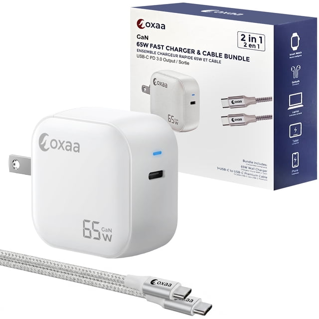 OXAA 65W USB-C GaN Fast Charging Bundle for iOS & Android – Includes Premium USB-C to C Cable Compatible with laptops, MacBooks, iPhone, Samsung, iPads & USB-C Enabled Devices