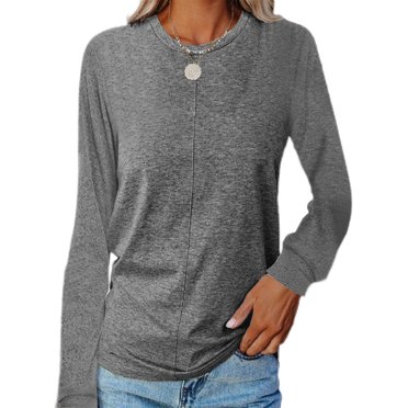 Fashnice T-shirt pour Femmes, Couleur Unie, T-shirt à Manches Longues, Chandail Décontracté pour Tous les Jours, Gris Foncé, TTG