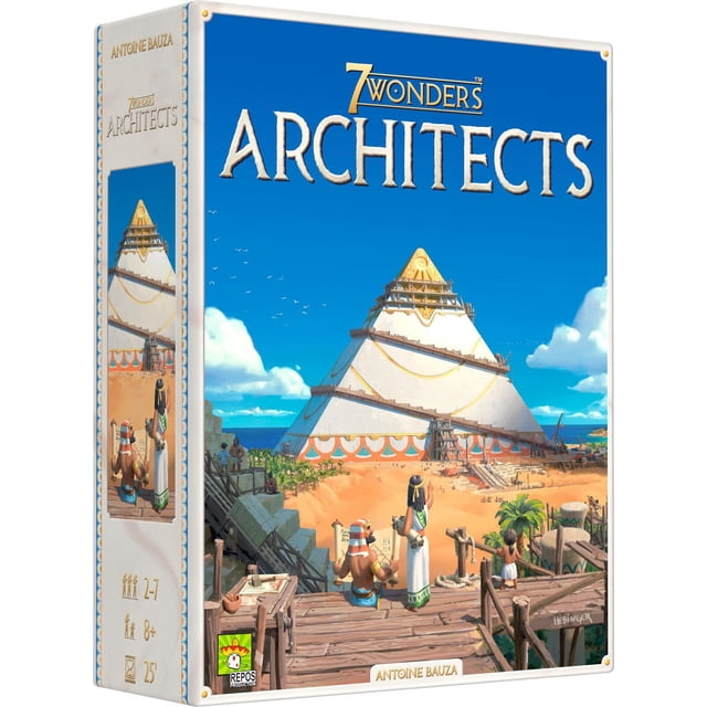 7 WONDERS - Boîte de Jeu de Société d'Architectes Montrant une Ancienne Pyramide en construction avec des Architectes et des Travailleurs en Tenue Traditionnelle Surplombant le site au Bord de la Mer sous un Ciel Bleu Clair, Conçue pour 2 à 7 Joueurs de 8 Ans et Plus avec un Temps de Jeu de 25 Minutes, Idéale pour des Séances de Jeux de Stratégie en Famille.