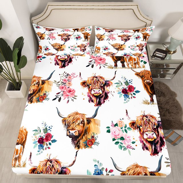 Erosebridal Highland Bull Fitted Sheet Set Full, Chic Floral Flower Bedding Full Size, Rustic Farmhouse Decor, Microfiber 3-Piece