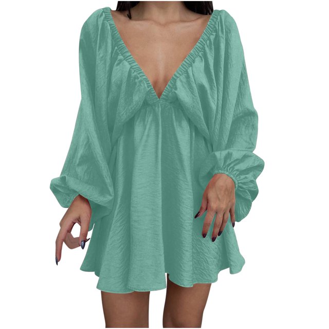 Robe Longueur Genou pour Femmes Col en V Longueur Genou Robe à Manches Longues Aguichant Rétro Robe Ample Aguichant Longue Robe pour Femmes Robe Ample pour Femmes Longue Robe Aguichant pour Femmes