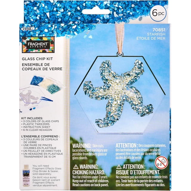 Fragment Effects Ensemble d'Artisanat en Copeaux de Verre Étoile de Mer 6 Pcs avec une surface en Plexiglas Hexagonal Transparent de 6 Pouces Présentant un Motif d'Étoile de Mer Fait de Copeaux de Verre Bleus et Blancs, Incluant des Pinces en Plastique et une Feuille d'Instructions pour des Projets d'Artisanat en Verre et Mosaïque Adaptés aux Débutants.