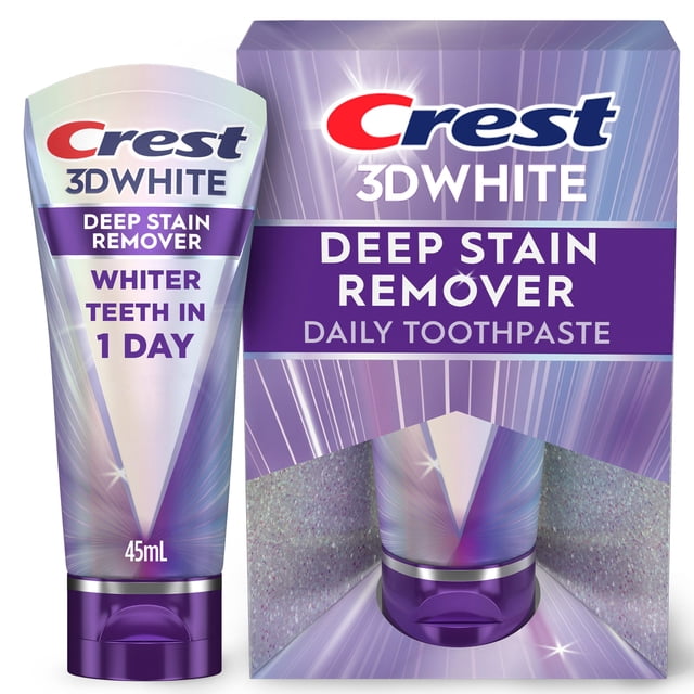 Crest 3DWhite Brilliance Deep Stain Remover Toothpaste in a 45mL iridescent tube with purple flip cap, featuring text for whiter teeth in 1 day, displayed next to its purple and silver reflective box labeled daily toothpaste, suitable for everyday enamel-safe whitening.