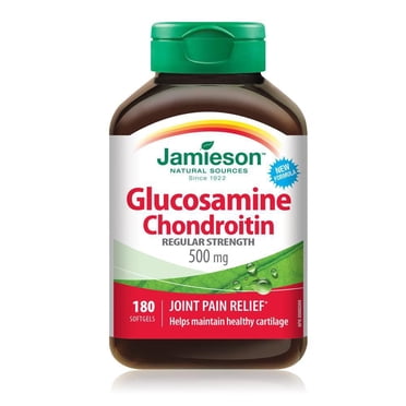 Jamieson Glucosamine Chondroitin 500 mg, Provides Joint Pain Relief, Osteoarthritis Support, and Cartilage Deterioration Protection. Gluten-Free, No Artificial Flavours or Preservatives, 180 Softgels,