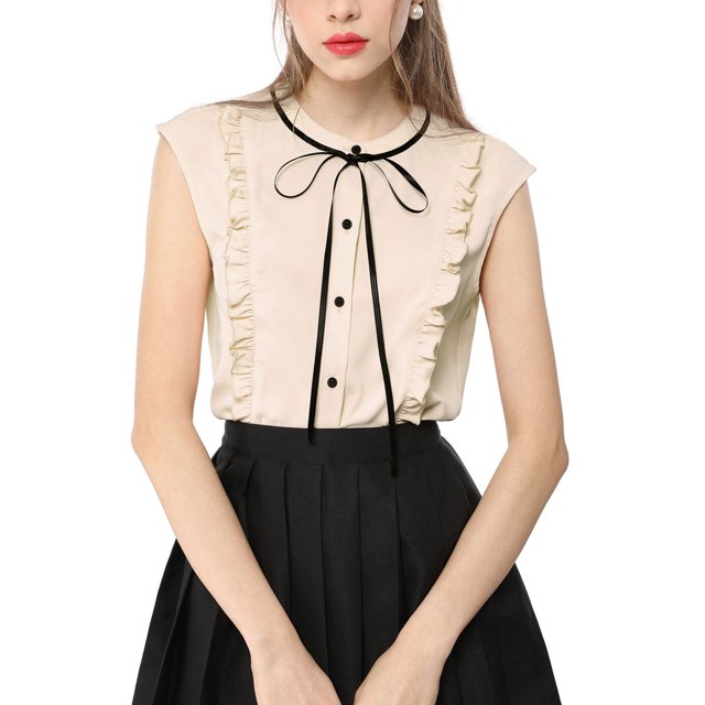 INSPIRE CHIC Women's Tie Neck Cap Sleeve Button Down Ruffle Summer Shirt