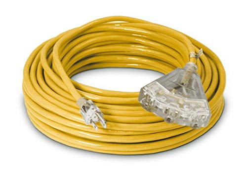 100-ft 14/3 Heavy Duty 3-Outlet Lighted SJTW Indoor / Outdoor Extension Cord by Watt's Wire - Long 100' 14-Gauge Grounded 13-Amp Power-Cord (100 Foot 14-Awg)