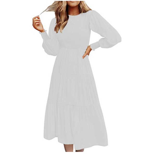 Pisexur Robe à Manches Longues à Col en V Femme Hiver Mode Manches Longues Col Rond Robe Longue Unie Caractéristiques Robe Femme