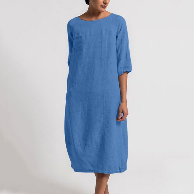 TIMIFIS Robe en Coton et Lin pour Femme Décontractée Ample Robe d'Été Longue Robe à Manches Courtes Robes Maxi Été Grande Taille Robe de Plage Été