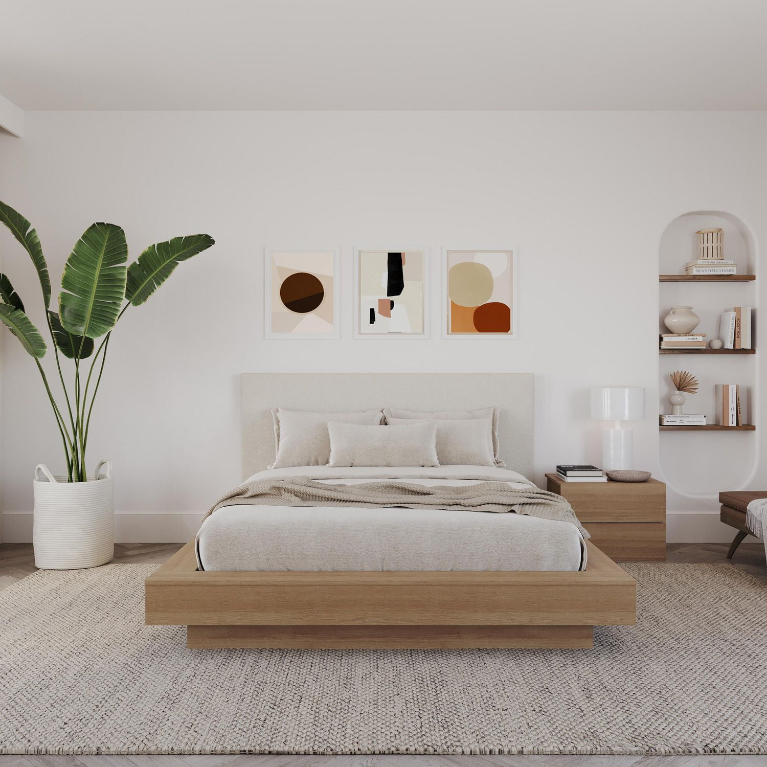 Marko 3 Piece Bedroom Set with Platform Bed, Upholstered Headboard and Nightstand