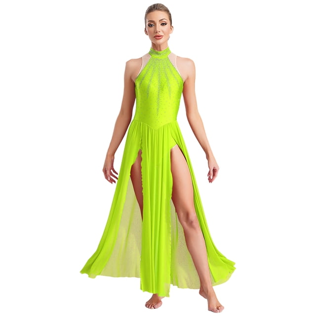 iefiel Robe de Danse Lyrique pour Femmes Sans Manches avec Strass Scintillants Fendue Robe Maxi Tenue de Danse de Salon Vert Fluorescent m