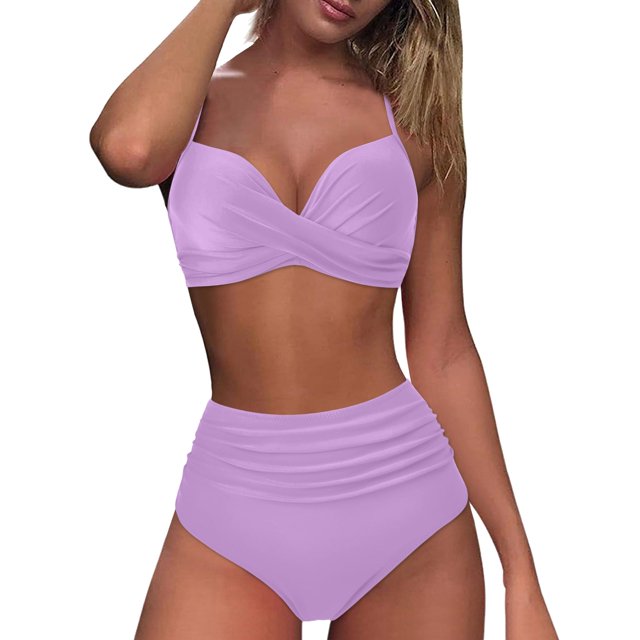 Huesdet Womens High Waisted Bikini Sets Color Block Swimsuit V Neck Tummy Control Swimwear Drawstring 2 Piece Bathing Suit(Purple,M)