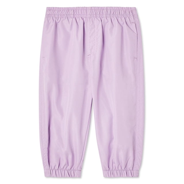 George Baby Girls' Lined Splash Pant in light purple with elasticized waistband and cuffs, water-repellent pongee fabric, soft jersey lining, relaxed fit, and two on-seam pockets, designed for outdoor play and wet weather.