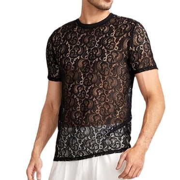 LUOGENLI T-shirts pour Hommes T-Shirt Décontracté à Manches Courtes en Dentelle Ajourée Mode Col Rond pour Superposition Élégante T-shirts Graphiques pour Hommes Jour de la Saint-Patrick Noir m