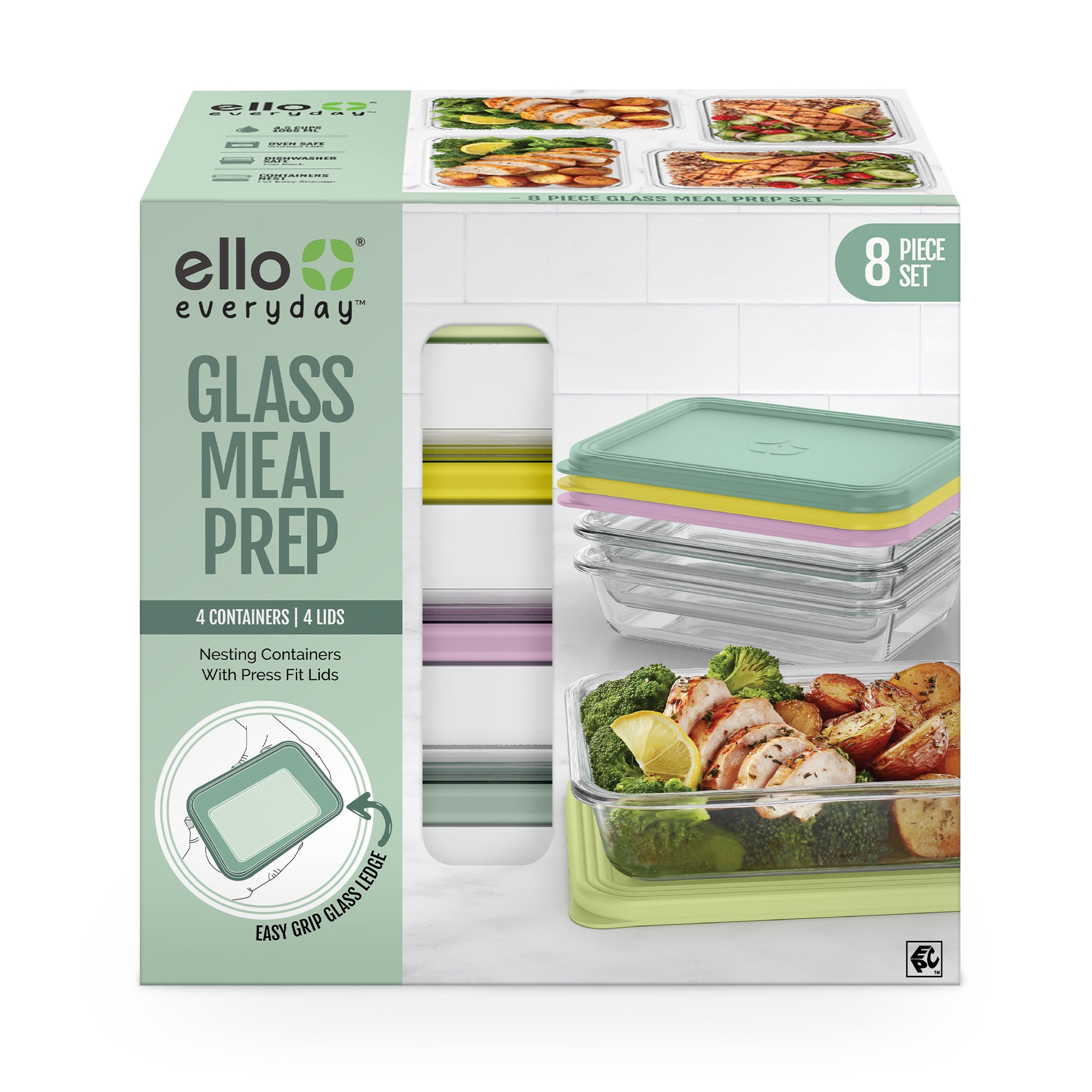 Ello Everyday 4.5 Tasses Ensemble de Préparation de Repas en Verre de 8 Pièces