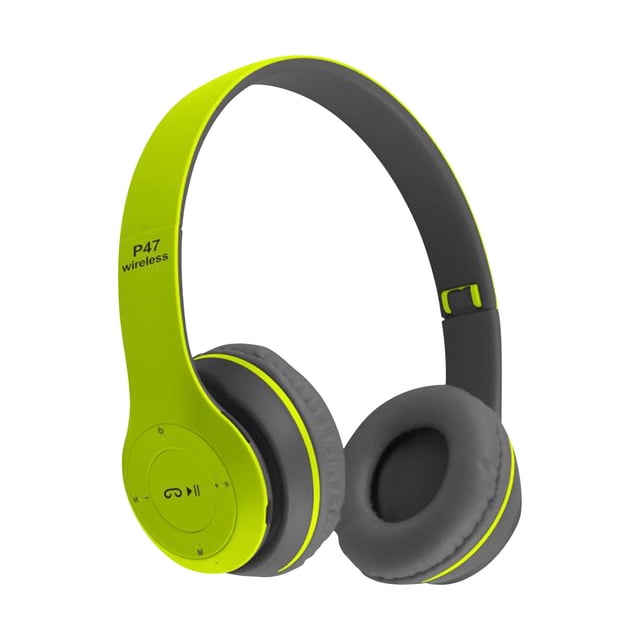 Meitianfacai On-Ear Headphones in a vibrant yellow and black design, featuring cushioned ear pads and a foldable headband. These headphones support noise reduction, MP3 playback via a 32G card, and AUX audio input for wired mode. Equipped with a 400mAh lithium battery, they offer 4-6 hours of playback and a 10-meter wireless transmission range. Includes a USB charging cable, audio cable, and instructions.