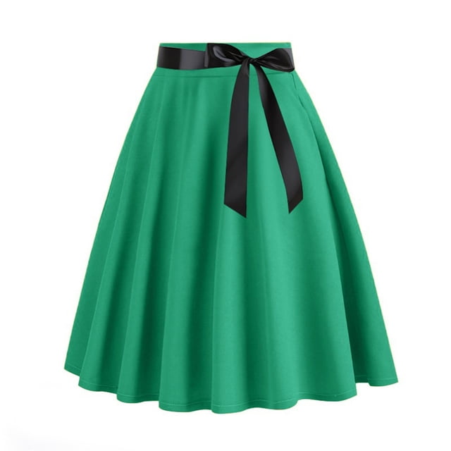 Mrat Jupe d'Été Jupe Midi pour Femme Jupe Trapèze Rétro Jupe Mi-Longue Plissée Fluide Jupes Taille Haute S-238 Vert m