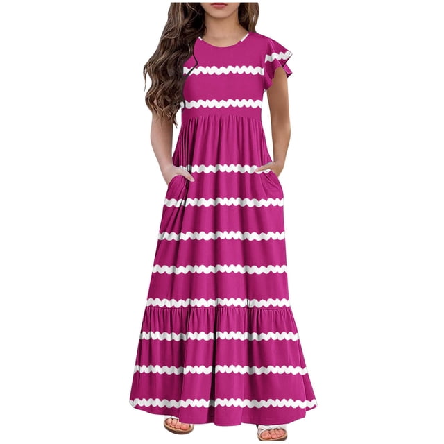 yoeyez Robes d'Été pour Filles Taille 6-12 Robe Maxi à Volants à Étages à Manches Volantées pour Fille Préadolescente Col Rond Mode Robe à Pois avec Poches Robe Mi-Longue Rose Vif,12 Ans