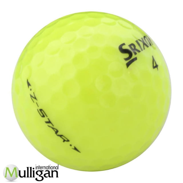 Mulligan - 12 Srixon Z-Star 4A Recycled Used Golf Balls, Yellow showing a close-up of a yellow golf ball with dimpled surface and black Srixon and Z-Star branding, highlighting its near mint condition, excellent tee-to-green distance, soft feel, and short game control, suitable for eco-conscious golfers.