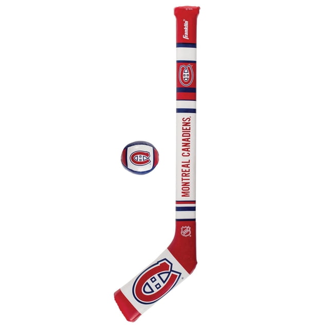 NHL Canadiens Hockey Set with a 26-inch soft vinyl-covered knee hockey stick featuring Montreal Canadiens logos and a molded PE core, paired with a soft hockey ball stuffed with 100% virgin polyester, suitable for indoor sports games and helping kids develop hand-eye coordination.