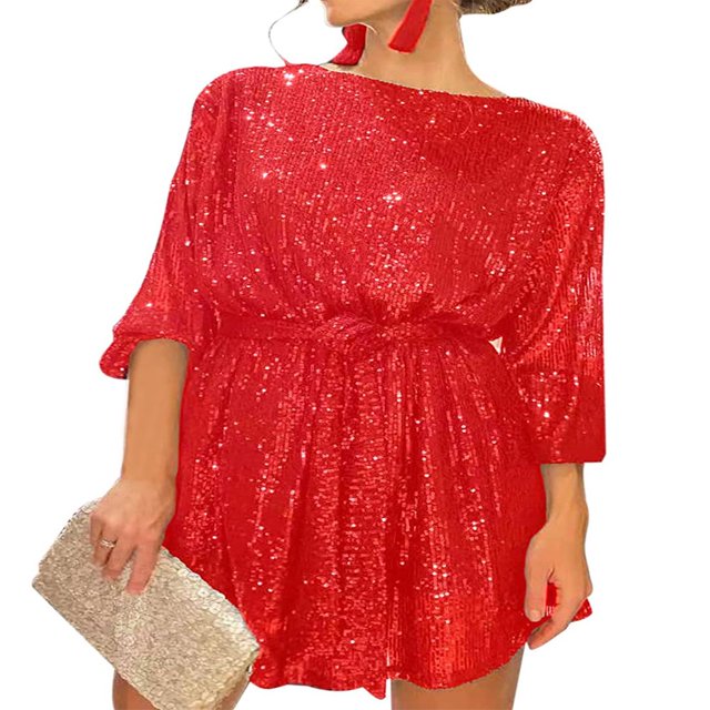 Robe de Soirée à Sequins pour Femmes, Manches Longues Scintillantes, Robe Cocktail Courte avec Ceinture