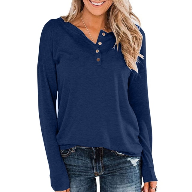 Meichang Womens Henley Tops Long Sleeve Shirts Basic Henley Neck Button Pullover Casual Loose Fit Womens Tops