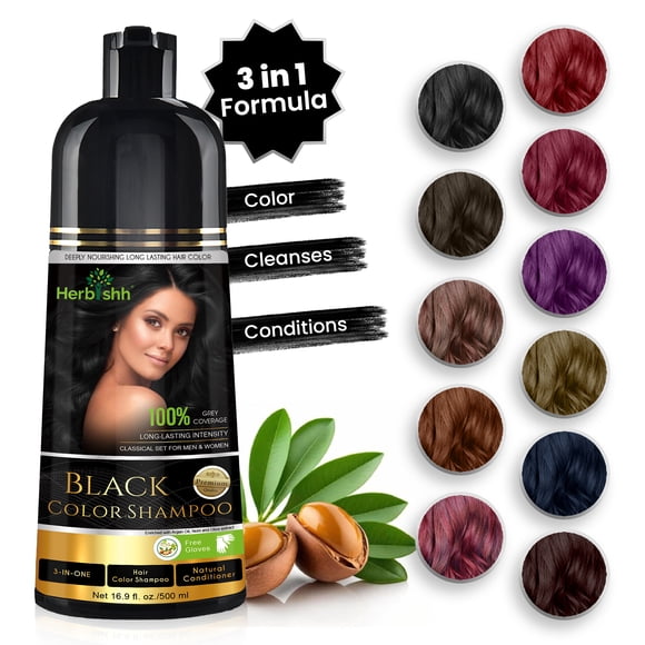 Herbishh Black Hair Color Shampoo for Gray Hair, Hair Dye Shampoo 3 in 1, 100% Gray Coverage, Permanent Hair Color for Men & Women, Ammonia-Free, 500 ml
