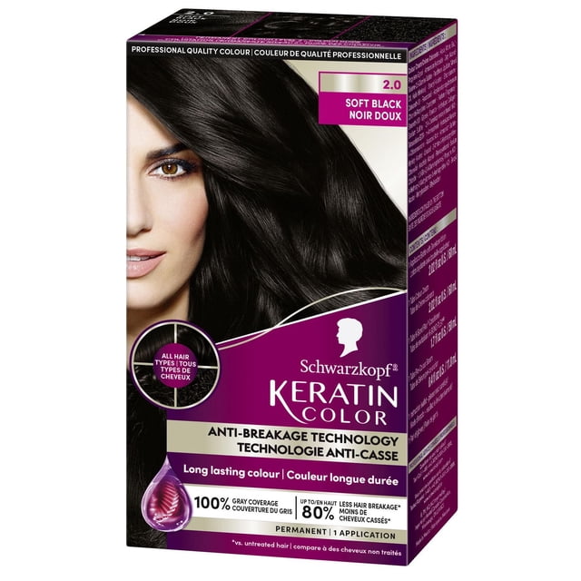Schwarzkopf Keratin Color Permanent Hair Color Cream in shade 2.0 Soft Black with anti-breakage technology, providing long-lasting colour, 100% gray coverage, and up to 80% less hair breakage, suitable for all hair types and permanent application.