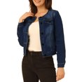 thumbnail image 4 of INSPIRE CHIC Women's Button Down Collarless Long Sleeve Cropped Denim Jacket Deep Blue XS, 4 of 6
