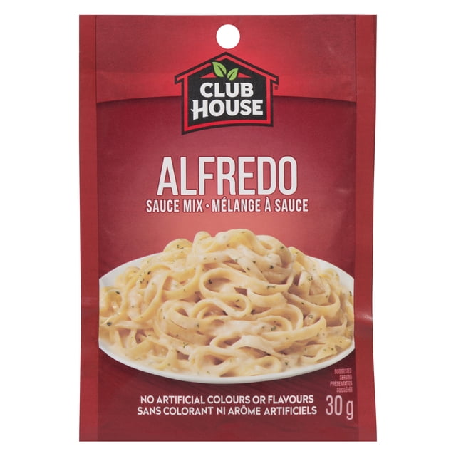 Club House Alfredo Sauce Mix, 30 g, in a red packet featuring creamy fettuccine Alfredo pasta, made in Canada with no artificial colours or flavours, ideal for pantry food, marinades, and cooking sauces, suitable for adding rich flavour to stir fry dishes.