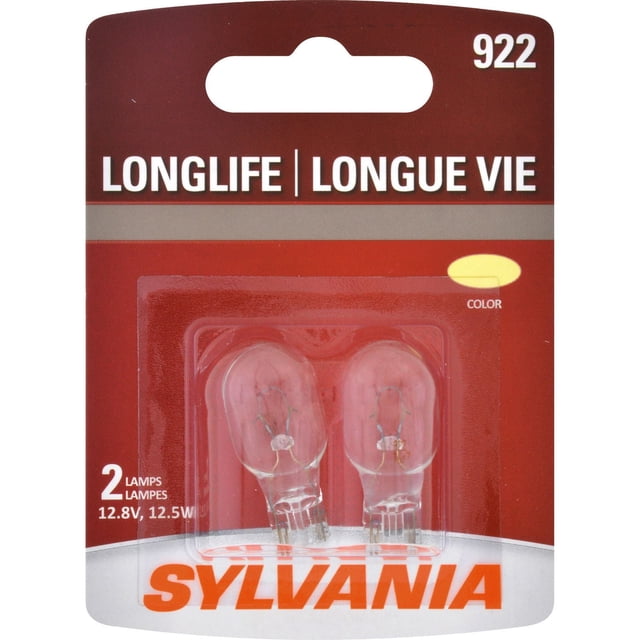 SYLVANIA 922 Long Life Mini Bulbs package containing two clear 12.8V, 12.5W automotive replacement light bulbs designed for durability and lower maintenance in car lighting and lamps.