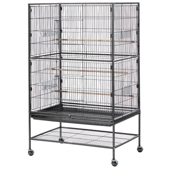 KFFKFF Bird Cage, 31.5 x 20.5 x 52 inch, Flat Top, Wrought Iron Bird Flight Cage with Perches, Slide-Out Tray and Plastic Feeders, Casters