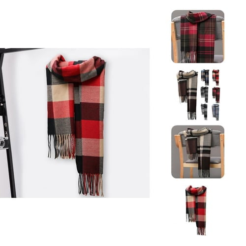 A long scarf in a British-style classic plaid pattern with fringed tassels, made of soft imitation cashmere material. Designed for autumn and winter, it offers warmth and comfort. Measuring approximately 175 cm in length, the scarf features a red, black, and beige plaid design. Displayed draped over a chair and in various colour options, it complements casual and vintage-inspired outfits.