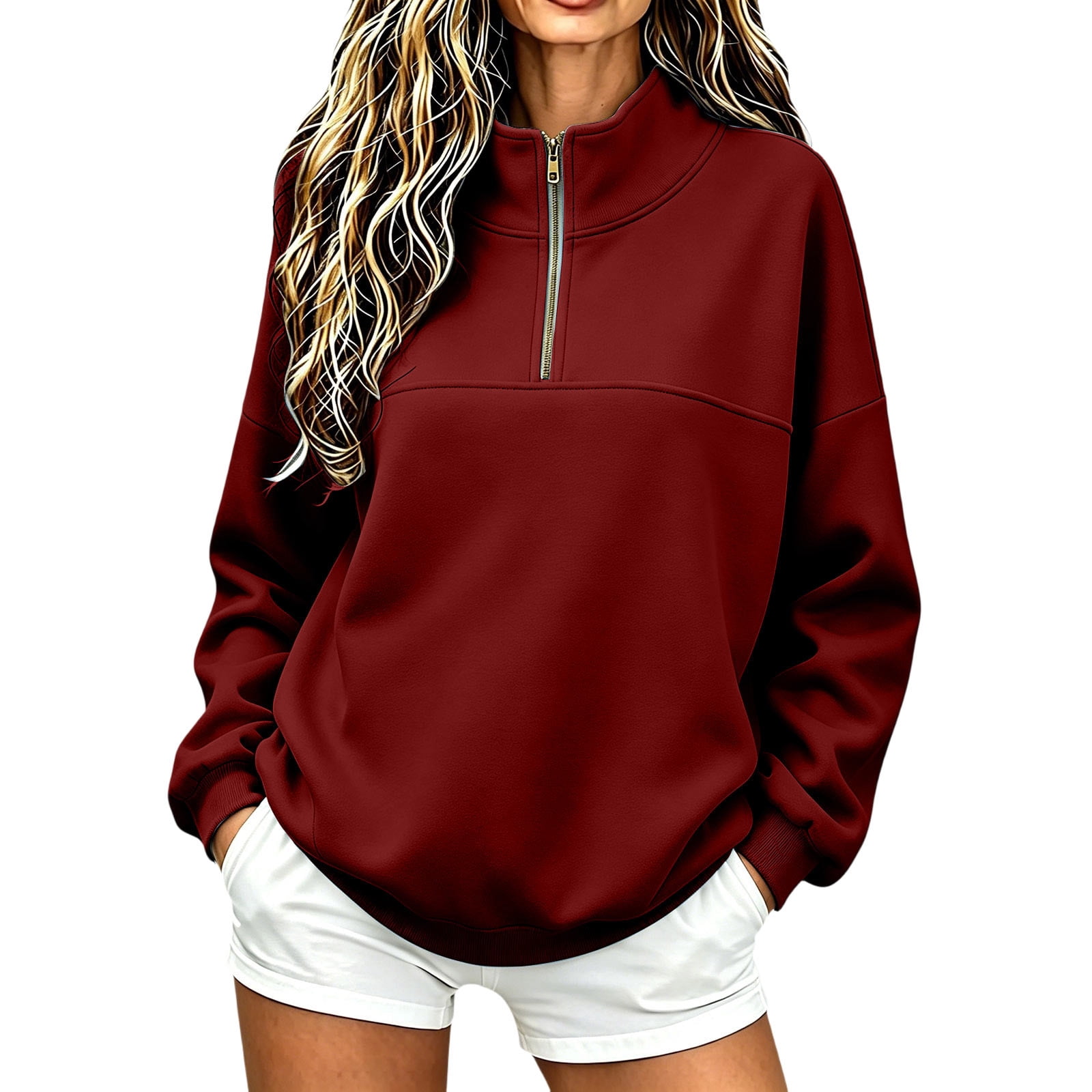 Timegard Womens Quarter Zip Pullover Tops Collared V Neck Long