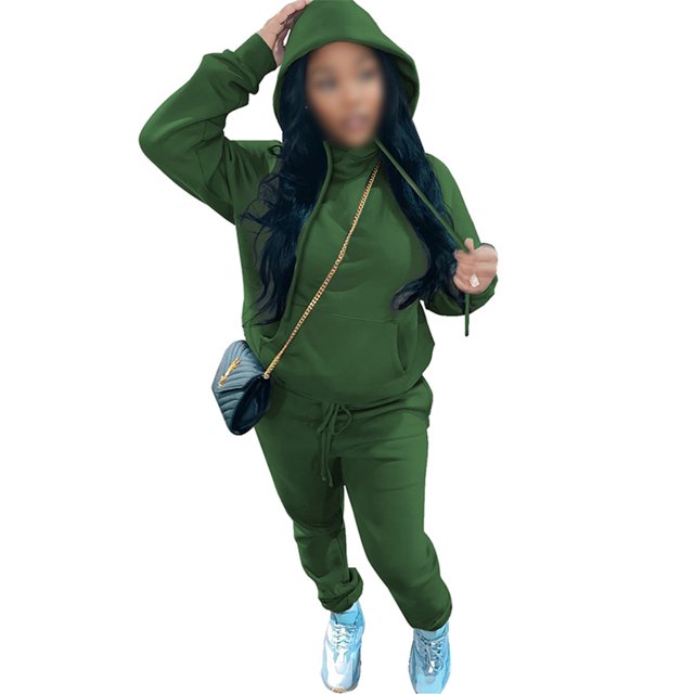 MAWCLOS Ladies Two Piece Outfit Drawstring Tracksuit Sets Long Sleeve Jogger Set Straight Leg Sports Hooded Neck Sweatsuits Green 3XL