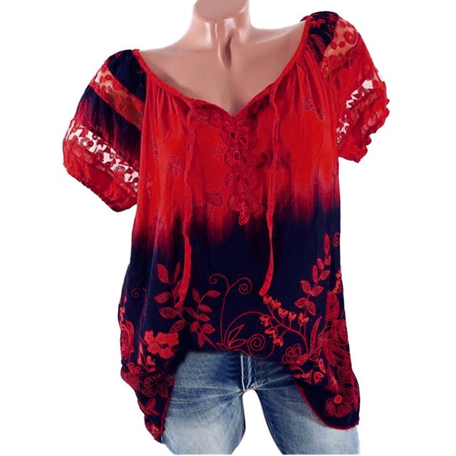 Blouse Grande Taille Femme Manches Courtes Col en V Dentelle Imprimée Hauts en Dentelle T-Shirt Ample Blouse Hauts Robe Blouses pour Femmes en Liquidation