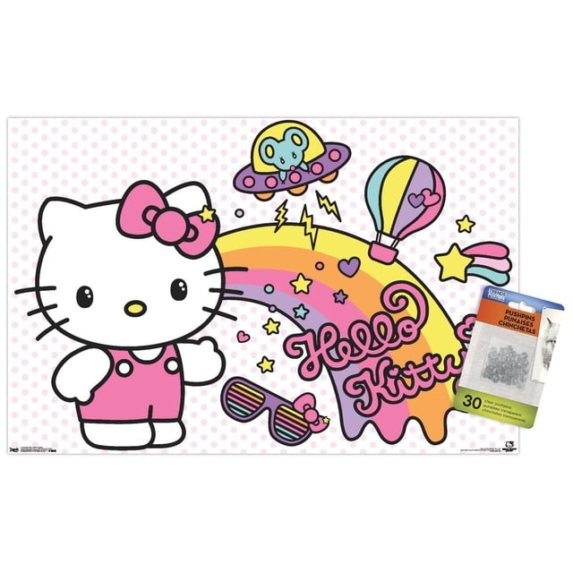 Hello Kitty - Affiche Murale Rétro Arc-en-Ciel, 14,725 Pouces x 22,375 Pouces Présente une Hello Kitty Orientée vers l'Avant en Barboteuse Rose et un Nœud à Côté d'Un Arc-en-Ciel Coloré avec des Étoiles, des Cœurs et des Éclairs. l'Arc-en-ciel Comprend « Hello Kitty » en Écriture Rose, avec un Ovni Violet Portant une Souris Bleue, une Montgolfière pastel et des Lunettes de Soleil Rayées sur un Fond Blanc avec des Pois Roses. Cette Affiche à Fini Satiné Convient aux