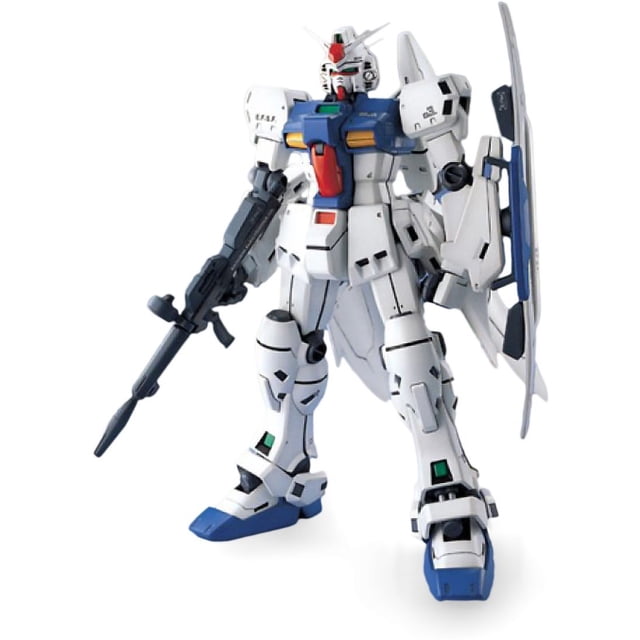 Gundam Master Grade 1/100 Scale Model Kit: RX-78 Gundam GP03S three-quarter view of assembled MG mobile suit model kit showing articulated elbow-mounted grappling arms, beam rifle, folding shield, folding bazooka, beam saber and optional core fighter for display or cockpit housing; collectible model suitable for diorama assembly.